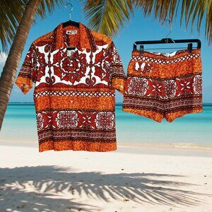 Holo Holo Vintage 70s Barkcloth Men's Swim Orange Tapa Print Shirt and Shorts